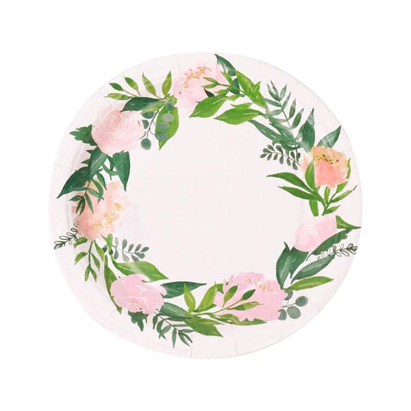 25 White 7″ Round Paper Plates with Flower Wreath Design Disposable Tableware