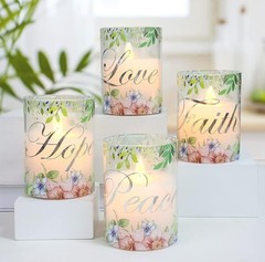 Pink Flameless Pillar Candles, Glass Led Candles Battery Floral & Terms