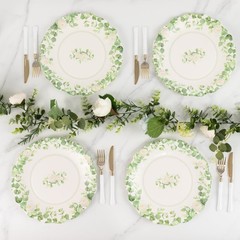 25 White Green Floral Greenery Dessert Paper Plates with Scalloped Edge