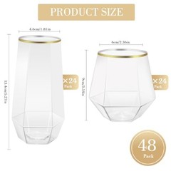 48 Pack Plastic Glasses – 24 x 9oz Stemless Champagne Flutes & Gold Rim Diamond