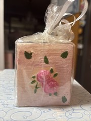 Pink Roses Square Candle Gift Wrapped With White Ribbon Rare Unscented New