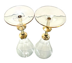 2 Pier 1 P1c71 Wine Glasses Gold Wafer Accent Stems Iredescent Amber Foot 9″ T