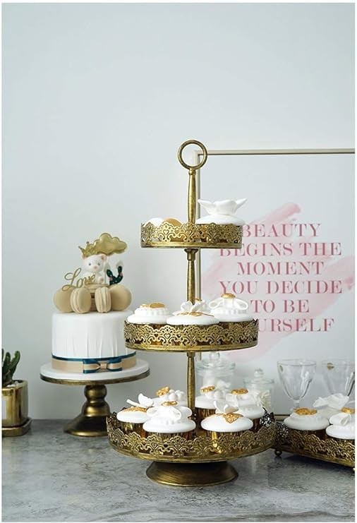 Gold Cupcake Stand Three Tier Cake Antique Cookie Plate Strong Steady Hand Made
