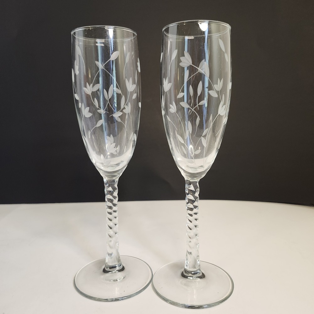 Vtg Lillian Rose Crystal Twisted Stem Glasses Champagne Floral 6oz Hand Blown