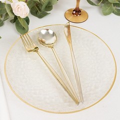 10 Round 9″ CLEAR Hammered Plastic Salad DINNER PLATES Glitter Gold Rim Party