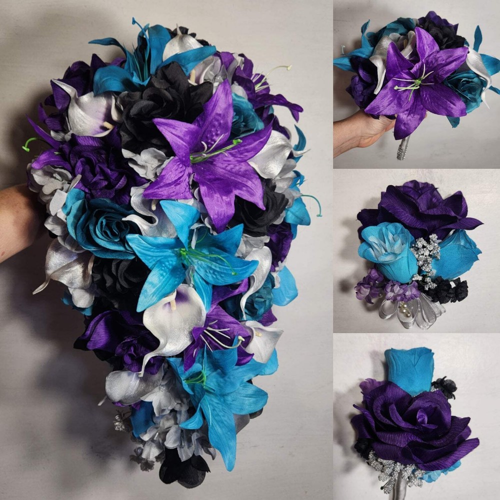 Purple Black Teal Silver Rose Calla Lily Bridal Wedding Bouquet Accessories