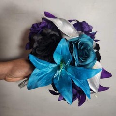 Purple Black Teal Silver Rose Calla Lily Bridal Wedding Bouquet Accessories