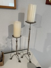 WROUGHT ALUMINUM CANDLE HOLDERS TRIPOD BASE SILVER Set of 2 18”& 12”