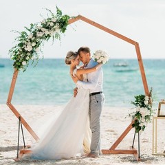 7 FT Wooden Wedding Arch for Ceremony Heptagon Solid Wood Arch Stand Outdoor
