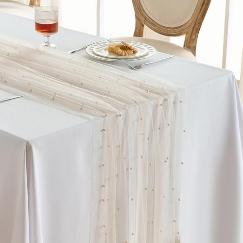 1 Pack Pearl Table Runner -10FT Boho Tulle Table 10FT*1PC Champagne Gold