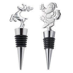 2 Pack Christmas Wine Stopper Alloy Bottle Stoppers Santa + Elk, Silver
