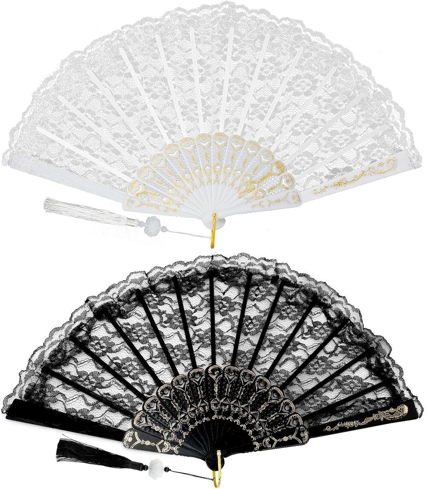 2Pcs Lace Folding Fan Handheld Bamboo Hand Fans with White Lotus black, white