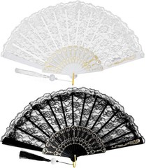 2Pcs Lace Folding Fan Handheld Bamboo Hand Fans with White Lotus black, white