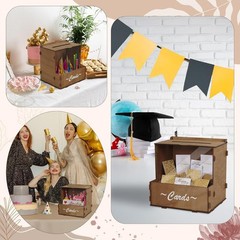Wooden Wedding Card Box with Flower Trough, Brown Gift Card Box for Wedding w…