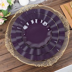 10 PURPLE 11″ Round PLASTIC Salad Dinner PLATES Gold Wavy Rim Wedding Party