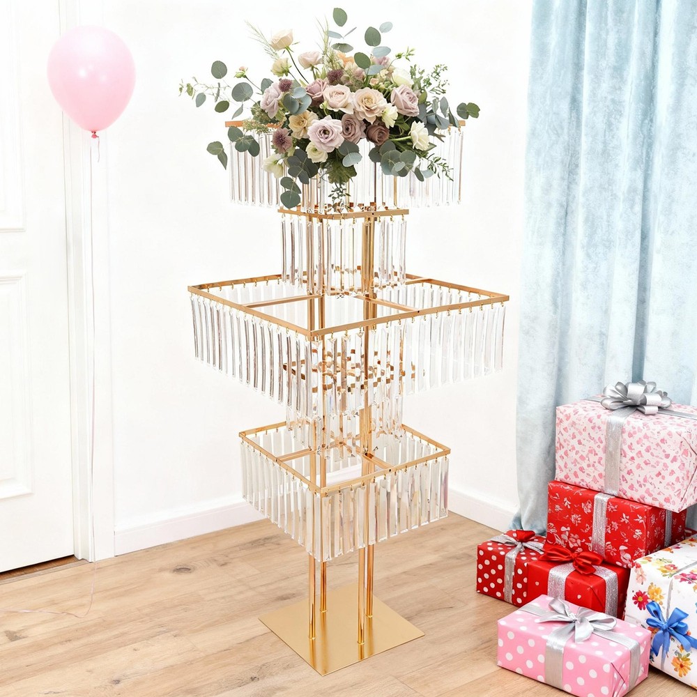 Wedding Centerpiece Vases, 5-Tier Gold Flower Stand with Genuine Hanging Crystal