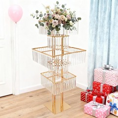 Wedding Centerpiece Vases, 5-Tier Gold Flower Stand with Genuine Hanging Crystal