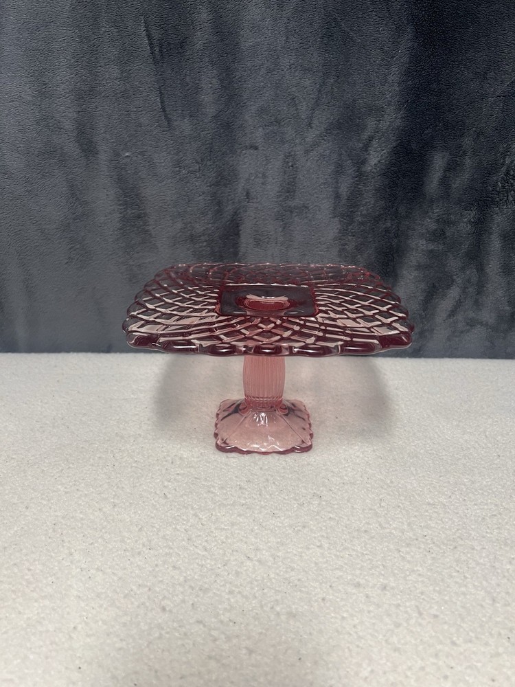 Vtg L E Smith Pink 8” Trellis Cake Plate 4.5” High￼