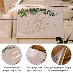 Gold Foil Wedding Guest Book 7 x 9 inches, Pen & Table Sign Included, Greenery