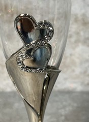 Studio His & Hers Toasting Glasses Silver Tone W/ Hearts Rhinestones EUC 10.25”