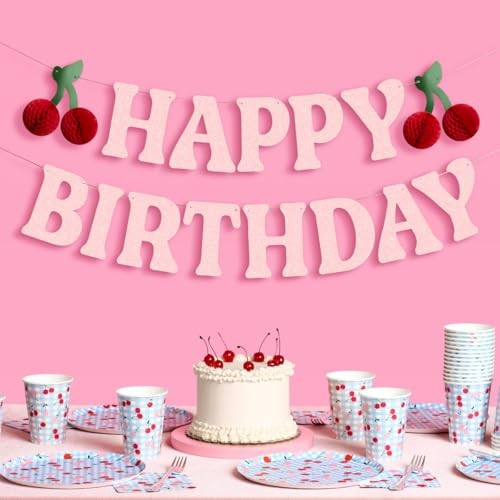 Happy Birthday Cherry Banner – Pink Glitter, 6.5 Ft. | 3D Cherry Garland,