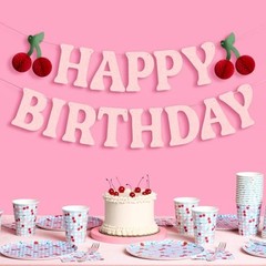 Happy Birthday Cherry Banner – Pink Glitter, 6.5 Ft. | 3D Cherry Garland,