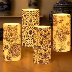 4 Pcs Flameless Pillar Candles LED Blue and White Porcelain Chinoiserie