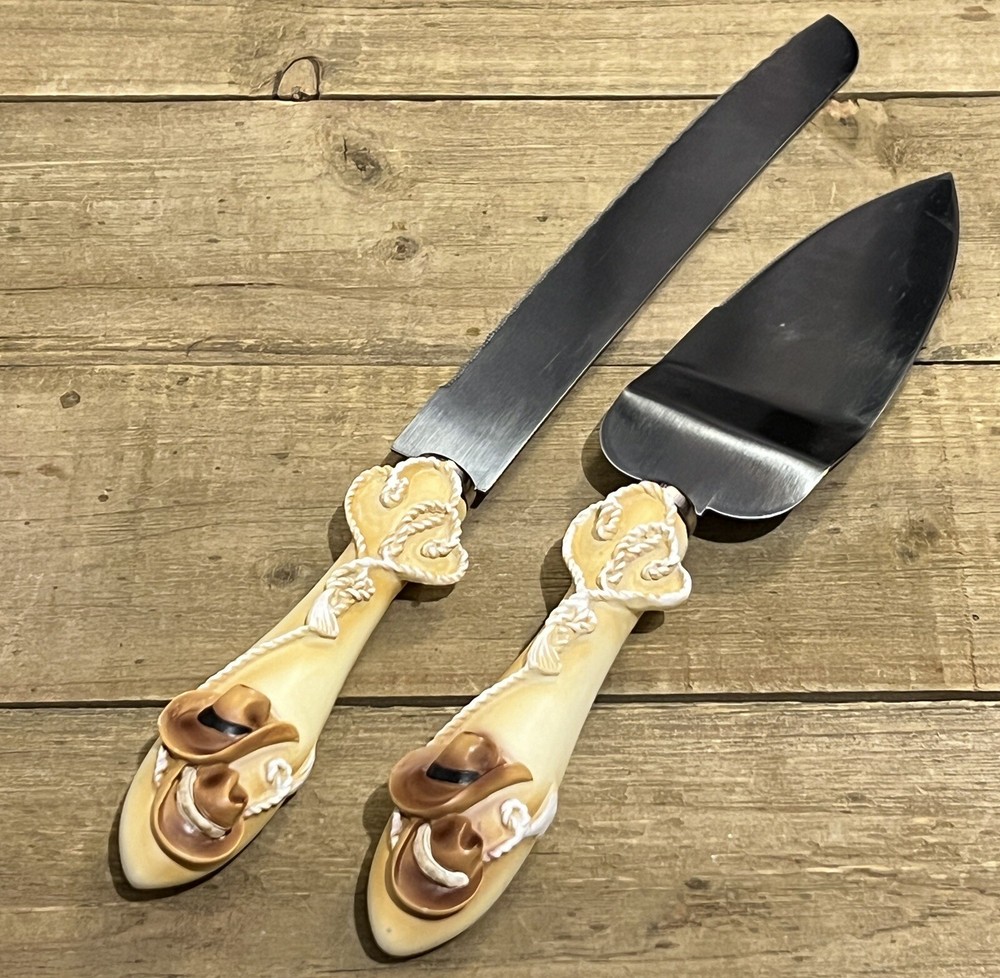 Western Themed Wedding Serving Set Cake Knife/Server Cowboy Hats & Rope