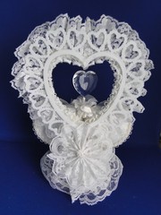 New Vintage Double White Satin Bells Cake topper with elegant Lace #423