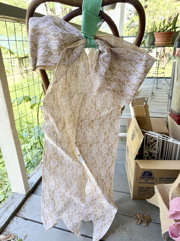 Large Lace & Burlap Floral Bow Hanging Decoration for Wedding, Reusable 12 pc