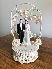 Vintage 1950s Wedding Cake Topper Bride Groom Floral Arch Mid Century