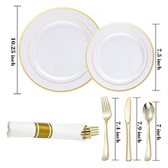 Gold Plastic Plates and Disposable Silverware w/Per-Rolled Napkins,Home