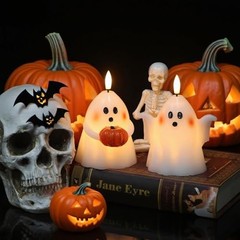 Halloween Ghost Flameless Candles with Timer Real Wax Battery A-2 Ghost Pumpkin