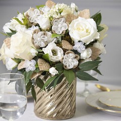 6 PCS DAVID TUTERA NATURAL BURLAP/ORGANZA FLOWER PICKS w/ PEARL CENTER – 2″x6.5″