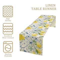 Lemon Table Runner Watercolor Fruits Green Leaves Pattern 13x70in, Lemon-6