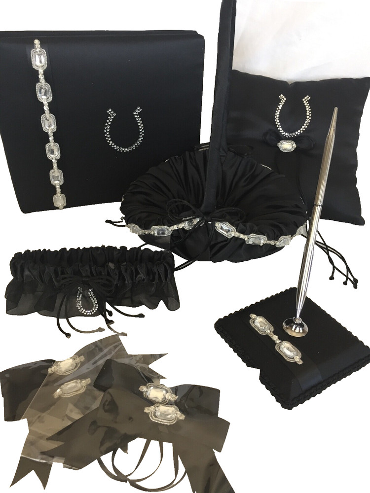 Black Satin Western Wedding Crystal Horseshoe Accessory 6 Piece Set
