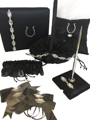 Black Satin Western Wedding Crystal Horseshoe Accessory 6 Piece Set