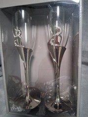 Wedding Champagne toasting Flutes His and Hers New In Box Set of 2 Silver