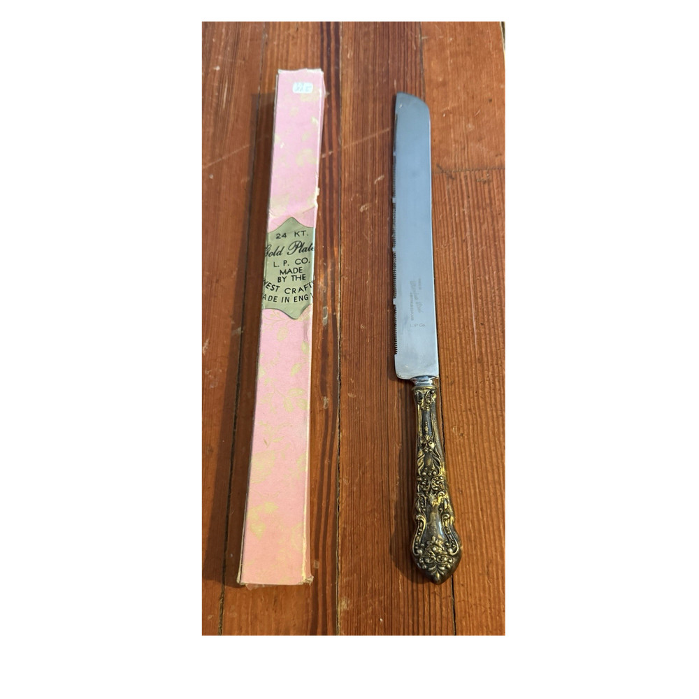 Vintage Sheffield England 24KT Gold Plated Serrated Knife w/ Box Ornate Handle!