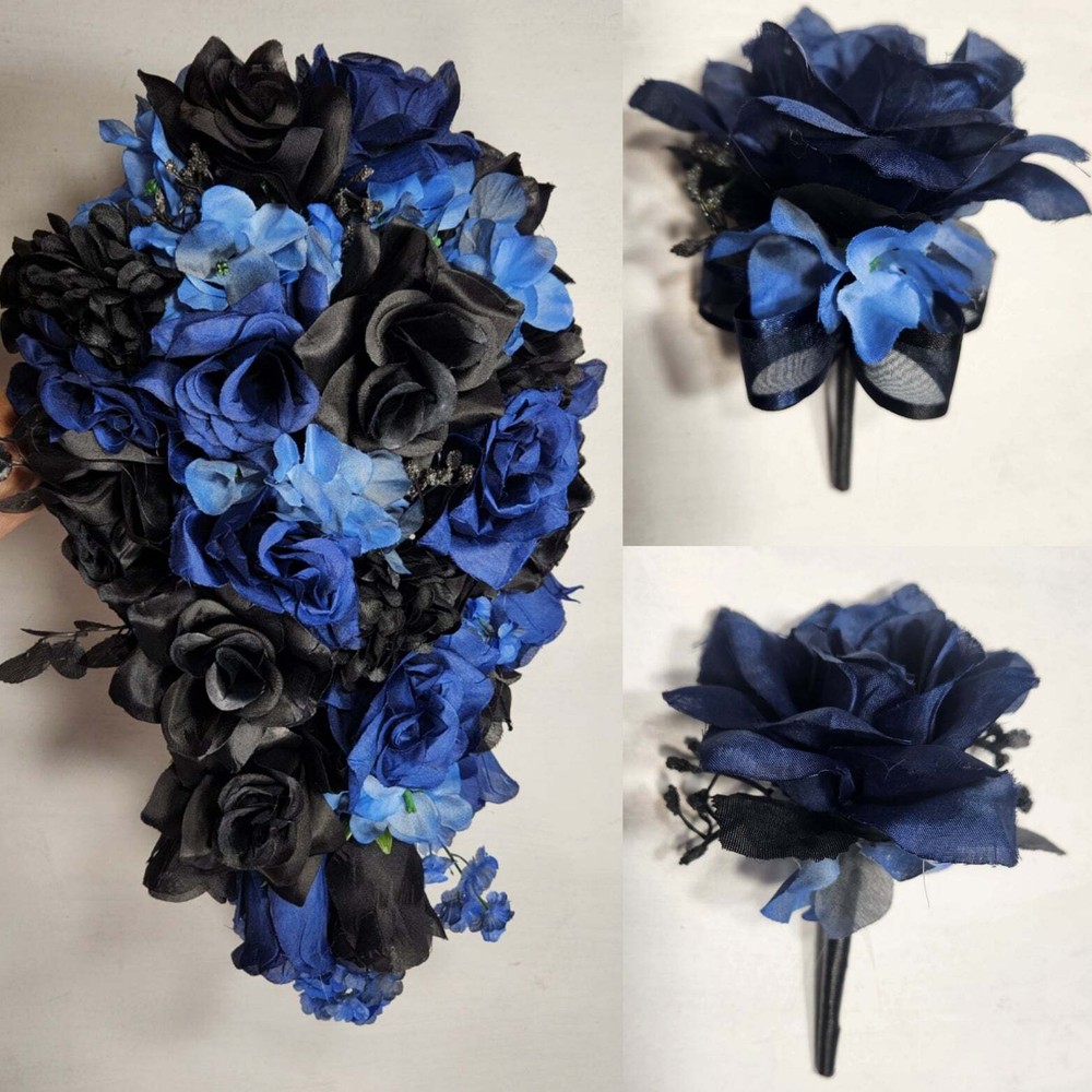 Navy Blue Black Rose Bridal Wedding Bouquet Accessories