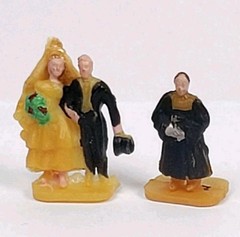 Vintage Mini Bride & Groom Wedding Cake Toppers With Minister Figurine Set .75″