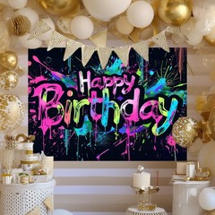 Neon Happy Birthday Banner 96×72 Inch Photography Backdrops Party Background …