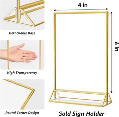 4X6 Gold Acrylic Sign Holder 12 Pack, Wedding Gold Table Number Holders, Double