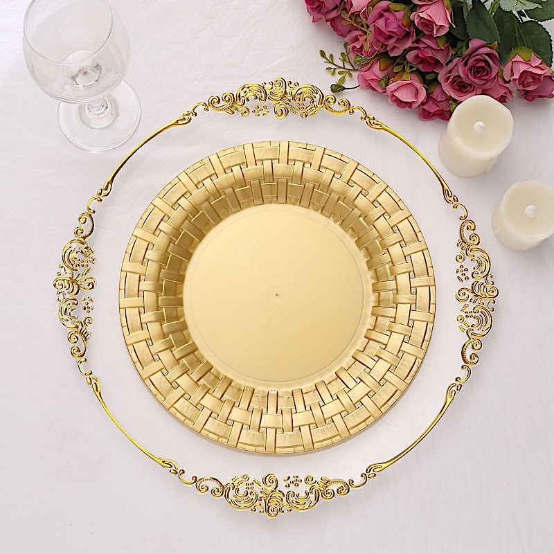 Plastic GOLD with Basketweave 10″ PLATES Disposable Party Wedding WHOLESALE