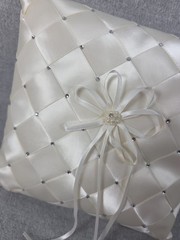 Ivory Satin Crystal Beaded Gems Wedding Ring Bearer Pillow Faux Pearl Accent