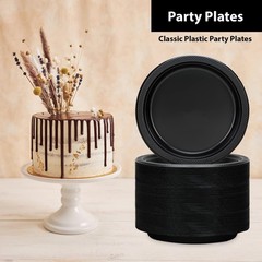 Black Plastic Plates 9 Inch – 50 count – Plastic Solid Round Party Plates For…