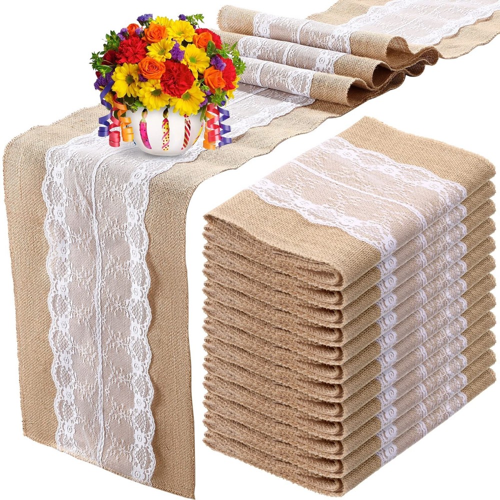 Chumia 12 Pcs 12 x 108 Inch Wedding Burlap Table Runners with White Lace Rust…