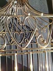 Gold Finish Metal Heart Bird Cage+Adj Hanging Chain Wedding Card Holder Planter