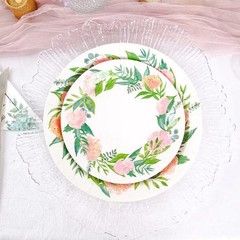 25 White 7″ Round Paper Plates with Flower Wreath Design Disposable Tableware