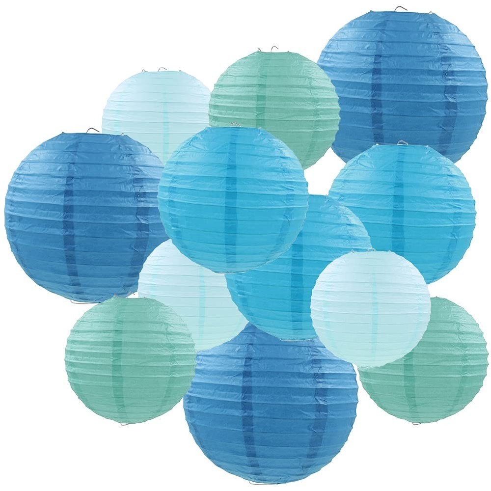 Hanging Paper Lanterns, 12 Pcs Round Chinese Decor, Home Party Wedding, Blue